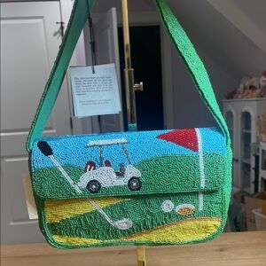 America & Beyond Beaded Golf Scene Shoulder Bag in Green NWT